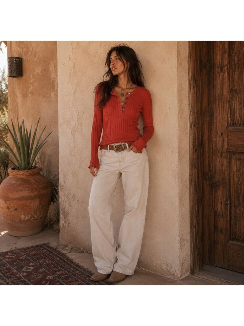 Sundance Womens Sz L Organic Cotton Ribbed Henley Sweater Terracotta Boho